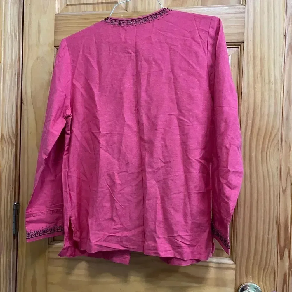 Vtg Brownstone Studio pinky-red bead embellished hook & eye closure cardigan